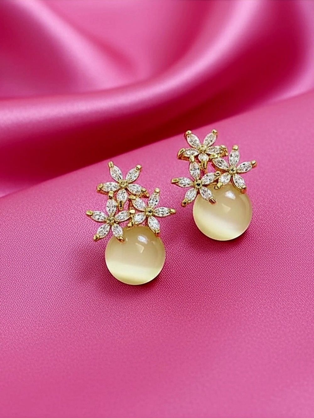 925 Silver Needle Floral Crystal & Opal Drop Earrings - Women's Jewelry